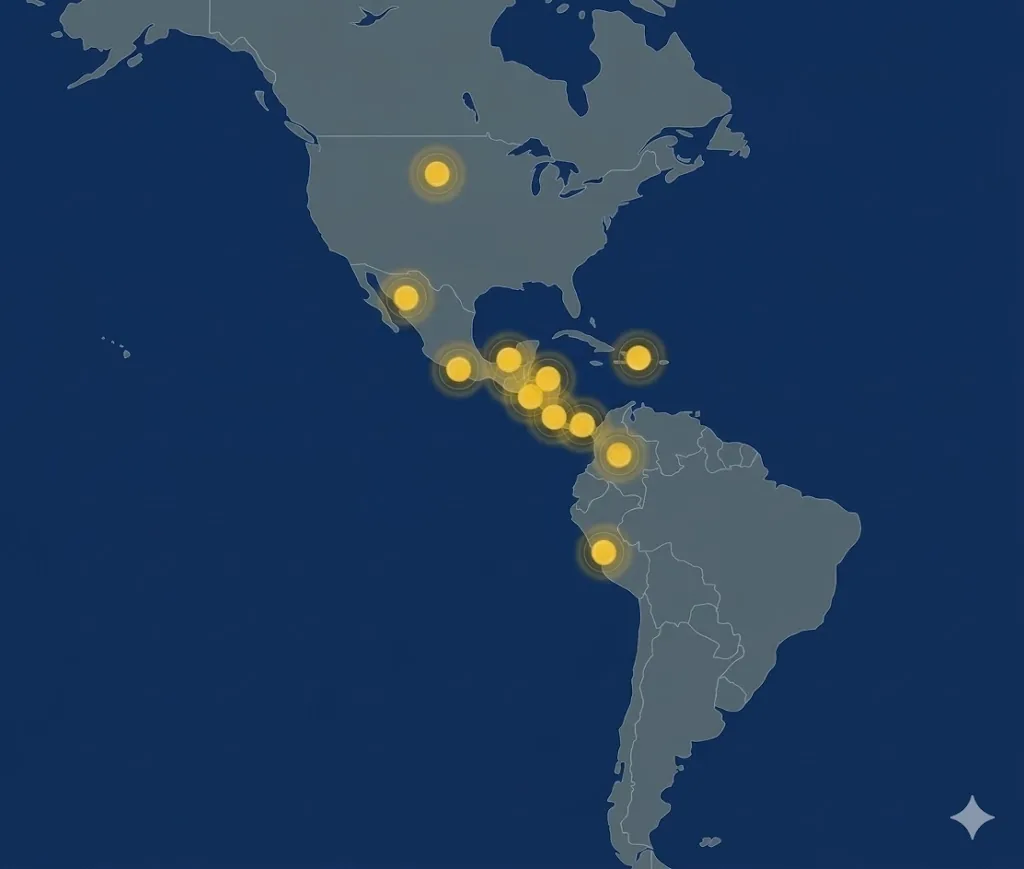 Mapa de América con países de experiencia de investigación marcados